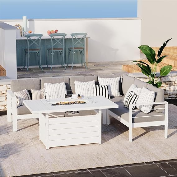 Solaste Aluminum Patio Furniture Set with Fire Pit Table, 6 Piece Sectional Metal Outdoor Furniture with Ottoman, Modern Patio Conversation Set Water-Resistant Cushion for Balcony, Front Porch, White