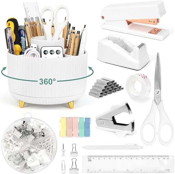 11 Pcs White Desk Accessories, 360 Degree Rotating Pen Holder Set with Stapler Set, Tape Dispenser Set, Scissor, Paper Clips Kit, Pen, Ruler & Sticky Tabs for Office School Home (White)