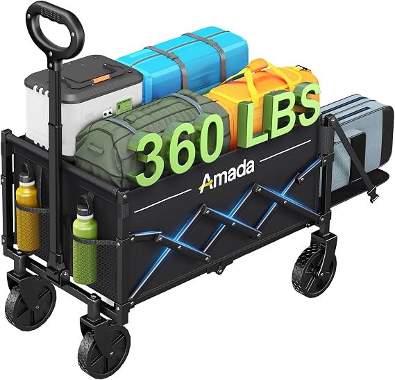 Small Wagon Cart Foldable, Collapsible Wagon with 360 LBS Max Load & Expandable Storage, 90L Foldable Grocery Cart with 2 Cup Holders for Outdoor, Garden, Camping &Groceries-Black
