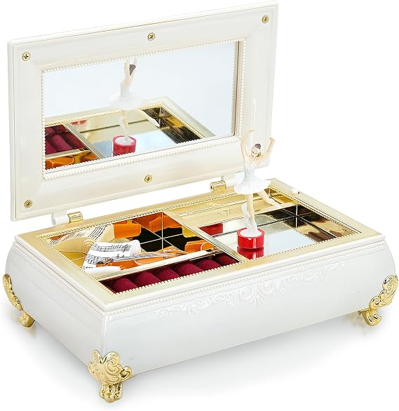 Music Box with Mirror - Vintage Jewelry Box, Elegant Musical Jewelry Storage Case Featuring Ballet Dancing Girl, Charming Home Decor Gift for Christmas and Birthdays (White)