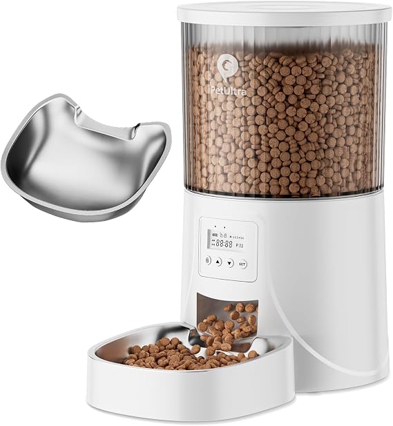 PETULTRA Automatic Cat Feeder: 4L Timed Cat Food Dispenser Programmable 1-6 Meals for Cats and Small Medium Dogs - Automatic Pet Feeder with Stainless Steel Dual Power Supply & | Removable and