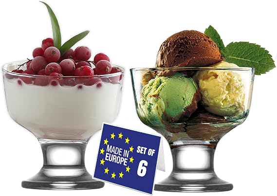 NORDIC SCHILLER Modern Glass Ice Cream Bowls with Foot, Set of 6, 285ml, 100% LEAD-FREE Glass Dessert Bowls, Ice Cream Glasses, Dessert Glasses with Foot, Glass Ice Cream Cups, Ice Cream Glasses, Ice