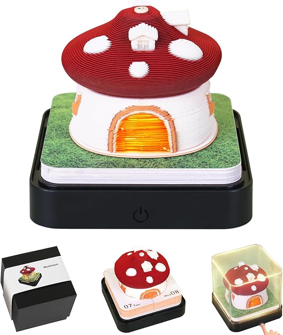 3D Art Calendar Memo Pad 2027,Creative 3D Desk Calendar 2027 Time Piece Calendar DIY Notes Notepad Mushroom House Sculpture Gift for School Home Office(Red)