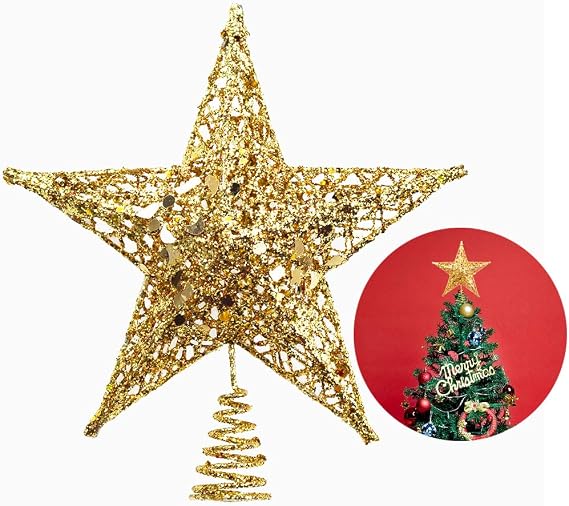 Christmas Tree Star Topper, Xmas Tree Topper Glittered 5 Point Star Treetop for Christmas Tree Ornament Indoor Party Home Decoration (Golden, 6inch)