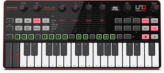 IK Multimedia UNO Synth Pro 3 oscillator desktop monophonic analog synthesizer multi-mode filter, arpeggiator, 64 step sequencer, audio input, full USB, MIDI and CV controls