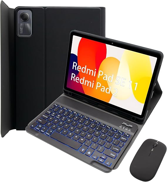 Keyboard Case for Redmi Pad 2 2025/Redmi Pad SE 11 Inch 2023, Detachable Backlit Wireless Keyboard with Magnetic Protective Cover, Mouse,Black