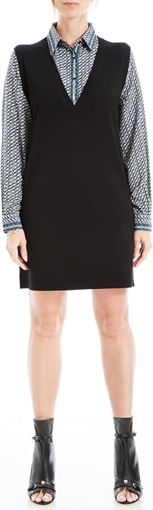 Max Studio Women's Women's Twofer Sleeveless V Neck Knit Sweater Dress with Button Down Blouse