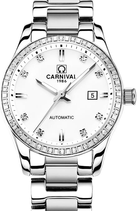 Carnival Womens Diamond Automatic Machine All Silver Stainless Steel Sapphire Waterproof Women's Watch