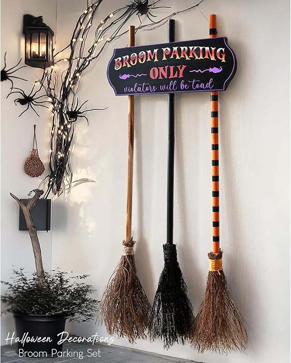 Halloween Decorations - Broom Parking Sign with 3 Wooden Witches Brooms