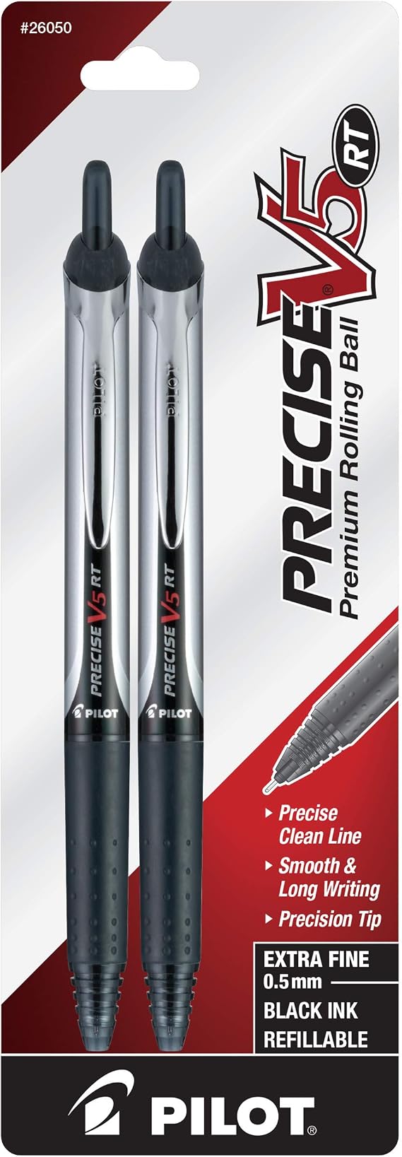 Pilot V5 RT Retractable Rollerball Pen, Extra Fine Point, Black Ink, 2-Pack 26050, 2-Pack