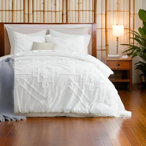 Boho Duvet Cover Queen Boho Bedding Tufted Queen Duvet Cover for All Seasons 3 Pieces Embroidery Bedding Sets for Shabby Chic Home Comforter Cover (Pattern-4, Queen 90x90)
