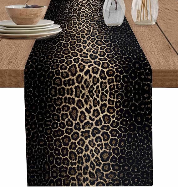 DecorLovee Leopard Print Table Runners 72 Inches Long, Chic Abstract Black Brown Animals Texture Farmhouse Table Runner Dress Scarves, Decorative