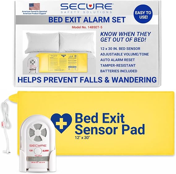 Secure Safety Solutions Bed Exit Alarm for Elderly Dementia Patients | 12x30 Inch Sensor Pad, 120 dB Caregiver Alert Patient Monitor, Fall Prevention for Seniors & Adults, M/N 14BSET-5