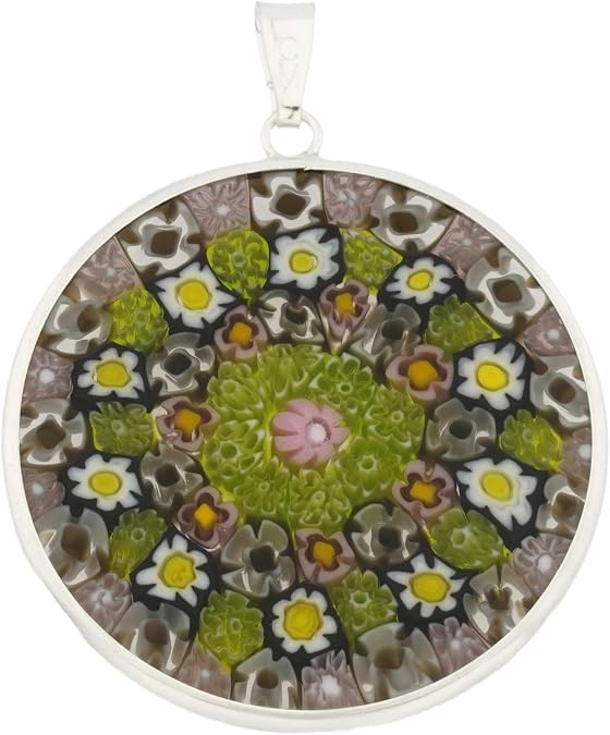 Glass Of Venice Murano Glass Millefiori Pendant in Silver Frame 1-1/4"