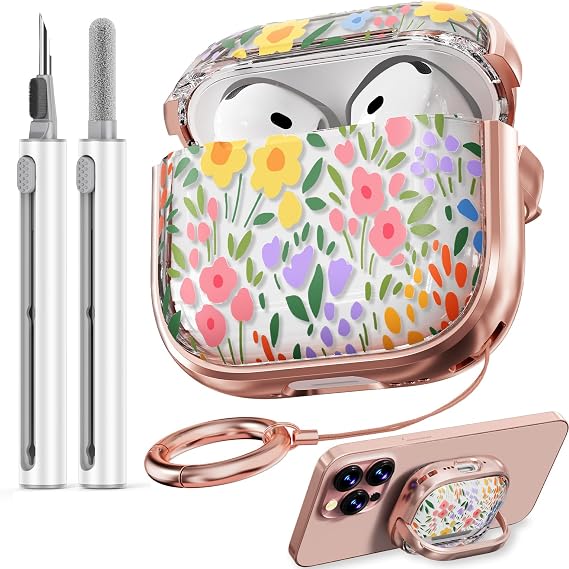 Inesore for AirPods 4 Case Cover 2024 with Lock- Seven Color Flower | Two-Piece Design,with Gold Keychain & Cleaning Pen,Support Wireless Charging,Cute Luxury Case for Women Girly