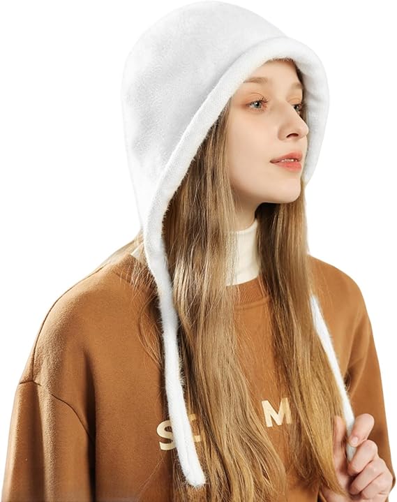 Y2K Cute Fluffy Beanie Hats for Women Girls Warm Faux Fur Winter Earflap Hat Tie Pullover Hat
