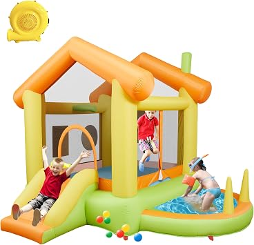 Giant Inflatable Bounce House with Slide for Kids, 10FT Bounce House Jumping Castle w/Blower, Basketball Jumping Area Target Games for Child Indoor Playground Outdoor Play Backyard Kids Parties