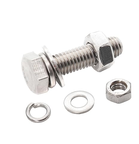 10-Pack M6 x 30mm Hexagon Screws Hex Bolts with M6 Hex Nuts M6 Flat Washers/Spring Lock Washers Set, 304/18-8, Plain Finish