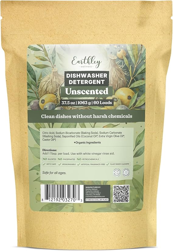 Earthley Wellness, Dishwasher Detergent, Eco-Friendly, Pure, Organic Dish Detergent (60 Loads, Unscented)