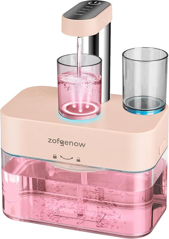 ZOFGENOW Automatic Mouthwash Dispenser, Wall Mounted, Pink | Rechargeable Design with Magnetic Cup, 3 Adjustable Dispensing Levels, 17.6 oz Capacity for Daily Family Use