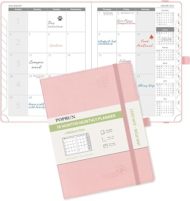 POPRUN Monthly Planner 2026-2027 Medium- 6.5 x 8.5 Soft Cover, 18-Month Calendar Book Jan.2026 - Jun. 2027, Calendar Planner with Monthly Tabs & Pocket, 100 GSM Paper - Pink