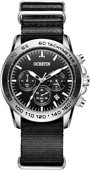 MASTOP Men's Watch Field Watch 45mm Nylon Strap Military Watch Analog Watches See Time Chronograph Date Sapphire Crystal Wristwatch Function Tactical Watches for Men (Black)