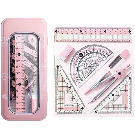 8 Pcs Pink Geometry Set Cute Compass Set with Maths Protractor Rulers, Math Set for Drawing Measuring Tools, Kawaii Ruler Kit for Class Women Girls School Supplies (Pink)