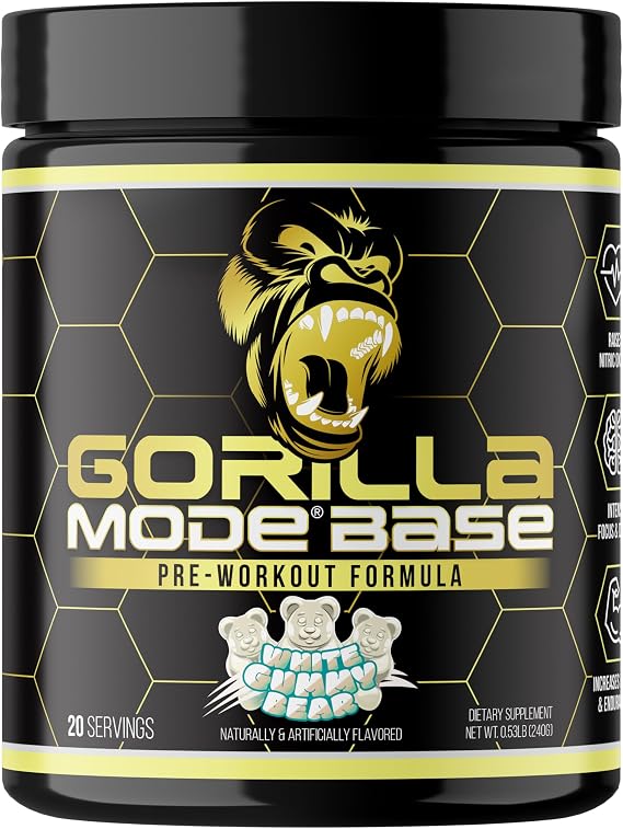 Gorilla Mode Base Pre Workout | 240 Grams (White Gummy Bear) | Intense Focus, Drive, Endurance, Power | L-Citrulline, L-Tyrosine, Betaine, Alpha-GPC, Caffeine, Huperzine A