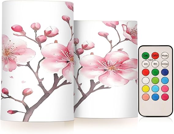 Pink Cherry Blossom Flower Flameless Candles Flickering LED Candles with Remote Timer Battery Operated Pillar Candles Set of 2 for Dinner Holiday Decor