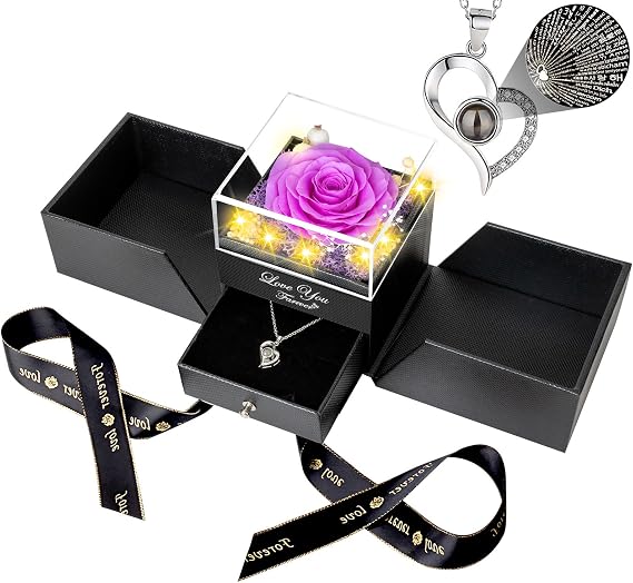 ENERLEAF Preserved Purple Real Rose-Eternal Flowers Rose Gifts for Mom Grandma Wife Girlfriend on Mothers Day Birthday Valentines Christmas Anniversary Romantic Gifts for Her with I Love You Necklace