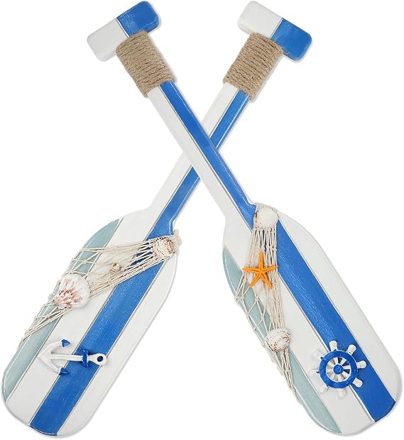 Meching 2 Pack 19.8 Inch Nautical Wooden Double Oar Decor with Rope Nautical Oar Paddles Wall Decor Door Hanging Ornament Beach Theme Home Decoration(Blue1)