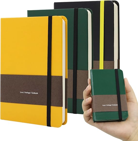 A7 Leather Hardcover Notebook- 3Pack 192 Pages Thick 100GSM Paper, Dotted/Grid/Blank, with Elastic Band & Inner Pocket for Writing, Sketching, Journaling