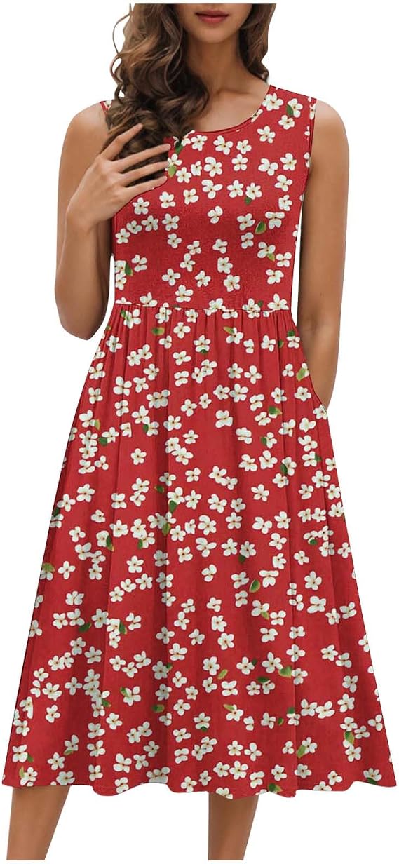Womens Summer Tank Midi Dress with Pockets Sleeveless A-Line Dress Casual Floral T-Shirt Dress Flowy Beach Sundress