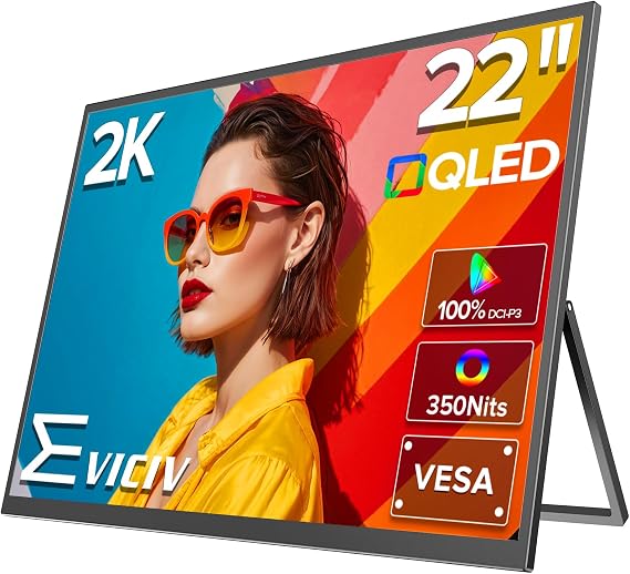 EVICIV 22 Portable Monitor QLED | 2K Portable Laptop Monitor | 180Adjustable Stand & VESA | FreeSync | 350Nits | 100% DCI-P3 | Type C, HDMI |Large Gaming Second Screen for Laptop, Game Consoles