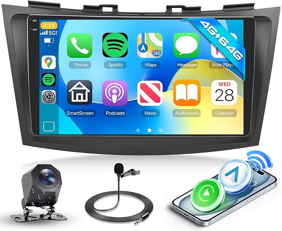 Car Radio Head Unit 4GB+64GB Stereo for Suzuki Swift 2011-2017, 9 Inch Touch Screen Radio with Wireless Carplay &Android Auto, GPS, Bluetooth,Mirror Link, DSP, WiFi, FM RDS, SWC, Camera