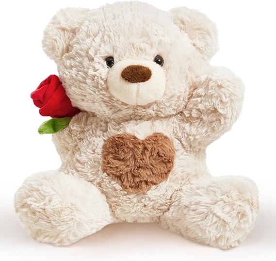Valentines Rose Teddy Bear Stuffed Animals Soft Plush Toy Teddy Bear with Rose for Mom Thanksgiving Day Birthday Wedding Gift for Girlfriend Kids, 10"