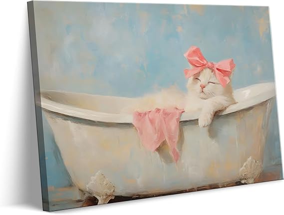Cute Bathroom Cat In Bathtub Canvas Wall Art Trendy Pink Bow White Cat Wall Decor Pictures Aesthetic Posters Prints for Girly Bathroom Toilet Decoration 12x16in