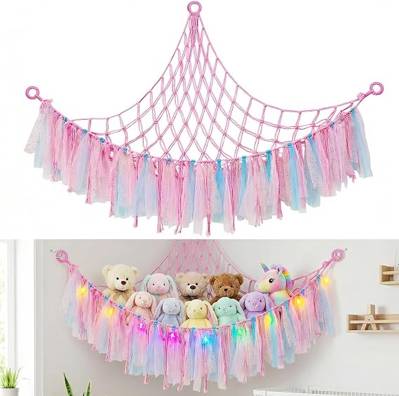 Pink Stuffed Animal Hammock, Large Teddy Storage Toy Net for Stuffed Animals with LED Lights & Stars Tassels, Macrame Net Wall Hanging Organizer with Rings for Kids Room, Nursery Decor 59x39x39 in