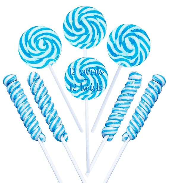 Blue Candy - 12 Swirl And 12 Twisty Lollipops - PACK 24 Suckers Individually Wrapped Bulk - Great for Candy Buffet - Boy Baby Shower - Birthday Favor Candy