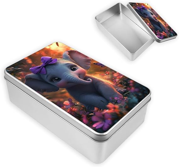 Metal Tin Box with Lid, Square Storage Container for Game Cards, Candles and Crafts, Decorative Tin Organizer and Gift Box for Home, Kitchen and Office,Cute Elephant