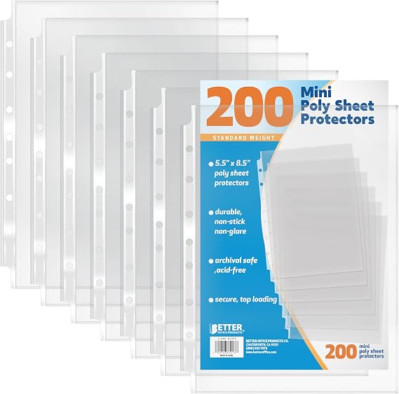 Better Office Products 200 Count Mini Poly Sheet Protectors, Standard Weight, Diamond Clear, 5.5" x 8.5", 200 Pack