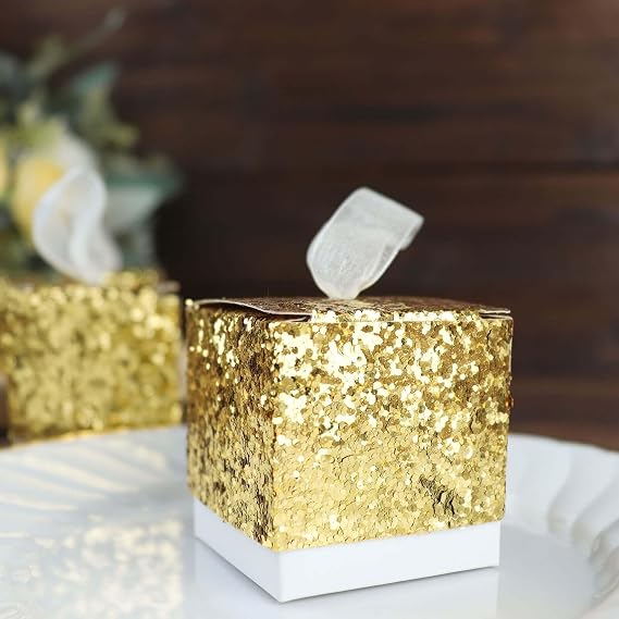 Efavormart 25 Pack | 2" Gold Sequin Glitter Mini Gift Boxes With White Ribbon Loop, Party Favor Boxes, Wedding Candy Cases