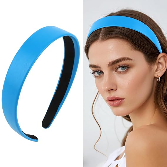 Wecoe Bright Blue PU Leather Headband 1 Inch Wide Non-Slip Fashion Headband Hair Accessory for Women and Girls, Holiday Costume Diademas Coreanas Para Mujer