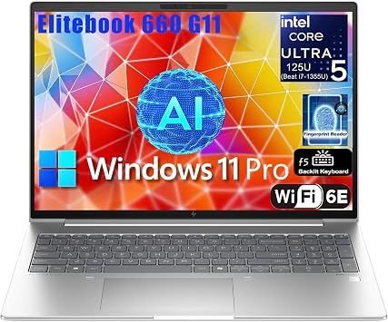 HP Elitebook 660 G11 Business Laptop, 16" FHD+ Computer, 12-Core Intel Ultra 5 125U Beat i7-1355U, 32GB DDR5 RAM, 1TB PCIe SSD, WiFi 6E, Backlit KB, Fingerprint Reader, Windows 11 Pro