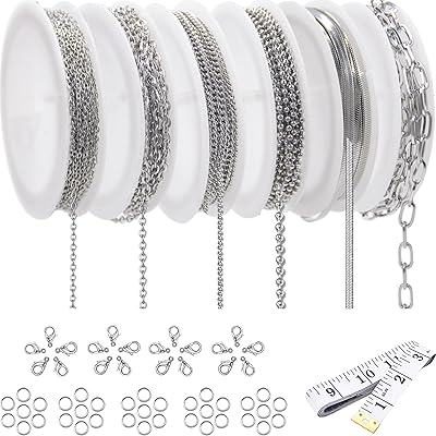 Necklace Chain for Jewelry Making, 42.6 Feet 6 Roll Stainless Steel Silver Jewelry Link Chains for DIY Necklace Bracelets Keychain Craft Jewelry Making Supplies with Jump Rings Lobster Clasp Connector