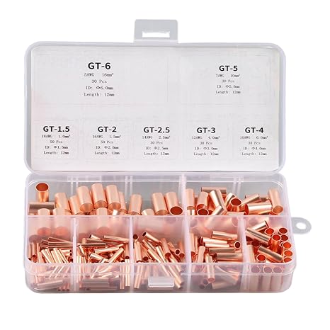 250Pcs Straight Copper Coupling Fittings, 7 Values Dia 1.5mm 2mm 2.5mm 3mm 4mm 5mm 6mm/ 12mm Long Metric Cable Crimp Terminal, Refrigerator A/C Tube Connector
