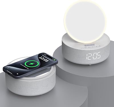 Bluetooth Speaker with LED Light Makeup Mirror, Wireless Charging Station for iPhoneSamsung, Stylish Multifunctional Automatic Clock Bedside Lamp Ideal for Home, Bedroom, Office & Gift