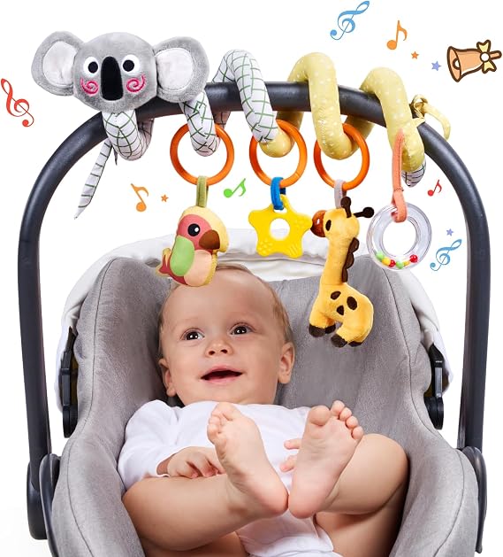 TUMAMA Spiral Car Seat Toys Baby Toys for 0 3 6 9 12 Months, Infant Stroller Toy Newborn Hanging Toys with Rattle, Teether