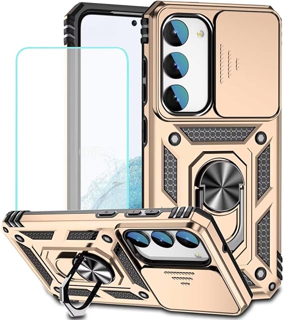 Case for Galaxy S23 Plus Case, Samsung S23+ SM-S916U Case with Tempered Glass Screen Protector and Slide Camera Cover, 360 Rotate Ring Stand Magnetic Cover for Samsung Galaxy S23+ 5G Gold