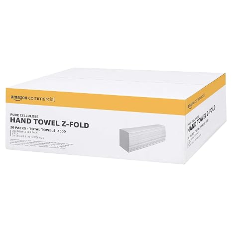 AmazonCommercial Multifold (Z-Fold) Paper Hand Towels 2-ply Pure Cellulose 4000 Sheets (20 Packs of 200) Sheet Size: 24 x 20.3 cm